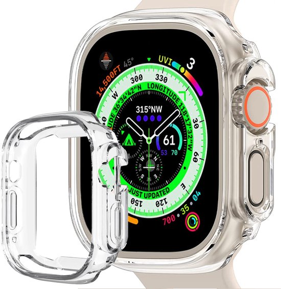 Transparante Apple Watch Ultra 2 case met zandkleurige band, deels van de hoes voor de kast.