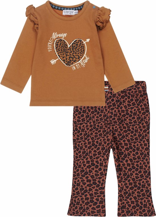 Dirkje - Kledingset - Meisjes - 2delig - Broek Smokey Pink met panterprint - Shirt Camel bruin met hart met panterprint - Maat 80