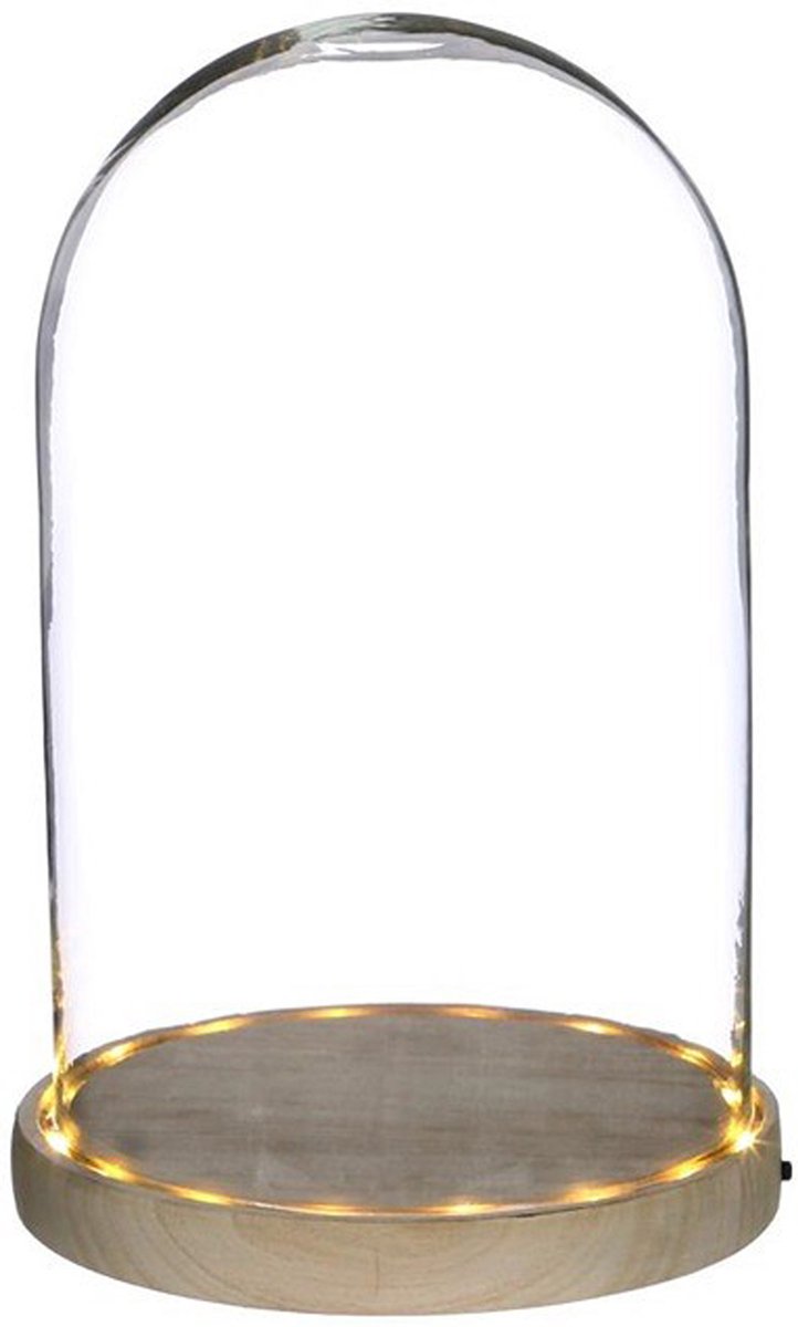 Ideas 4 Seasons Decoratie stolp - glas - houten plateau - LED verlichting - D17 x H25,5 cm
