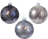 Decoris luxe kerstballen - 6x st - vogel opdruk - donkerblauw, ijsblauw en zilver - glas - 8 cm