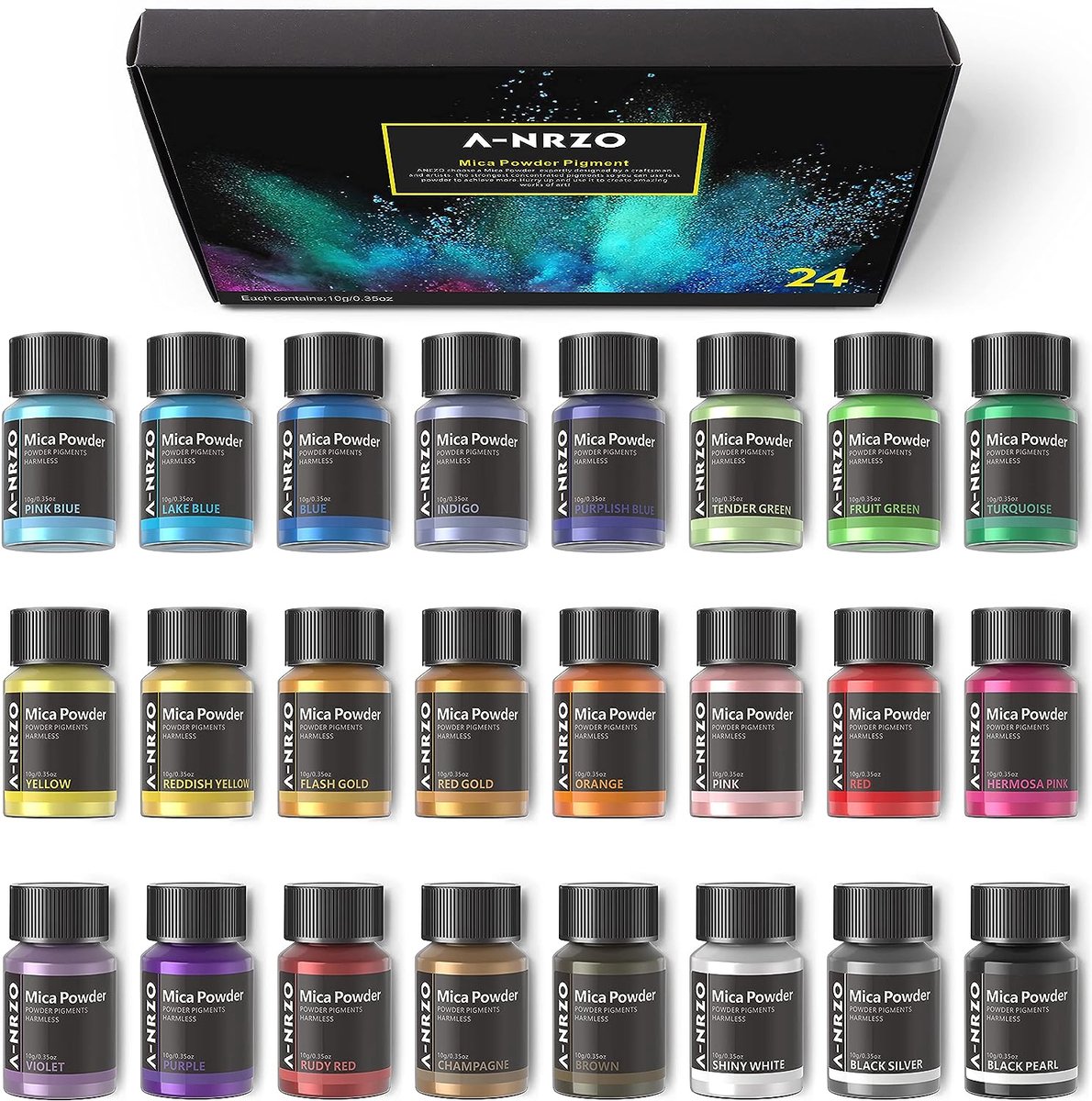 Yiida 24 kleuren Natuurlijke Mica Poeder voor epoxyhars, 0,35 oz/10 g x 24 Bottle Glitter Resin Pigment, Zeepkleurpoeder Verf voor Candle/Soap Making, Bath Bombs, Nail Art, Wax Melts Making Yiida 24 kleuren Natuurlijke Mica Poeder voor epoxyhars, 0,35 oz/10 g x 24 Bottle Glitter Resin Pigment, Zeepkleurpoeder Verf voor Candle/Soap Making, Bath Bombs, Nail Art, Wax Melts Making