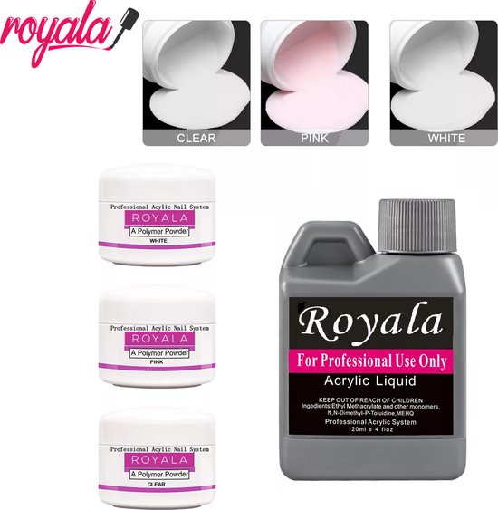Royala Acrylnagels Starters Set - 120 ml Acryl Vloeistof + 3 kleuren Acrylpoeder - Wit Transparant Roze - Nagel Acryl Poeder - Acryl Liquid - Monomeer - Polymer Powder - Acryl Vloeistof