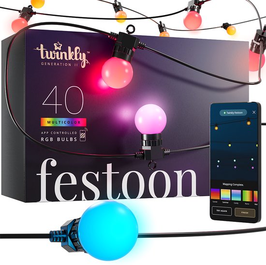 Twinkly Festoon Lichtsnoer - 40 RGB LED lampjes - App-gestuurde - 20M - Binnen en Buiten - Slimme Verlichting - Decoratie - Zwart