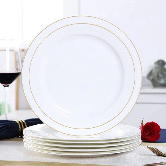 Dujust Services de table , assiette plate, porcelaine, blanc avec bord doré,  10,5/Ø26