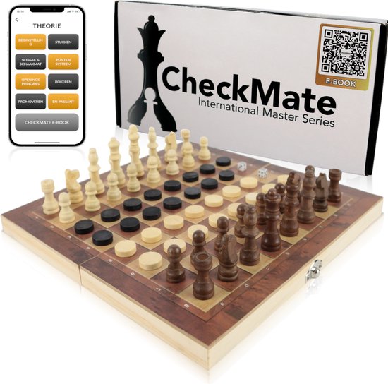 CheckMate IM Series 3-in-1 Schaakbord, Damspel & Backgammon – Schaakbord met Schaakstukken – Schaakset – Hout – Dambord met Damstenen – Damset – Backgammon – Backgammon Koffer