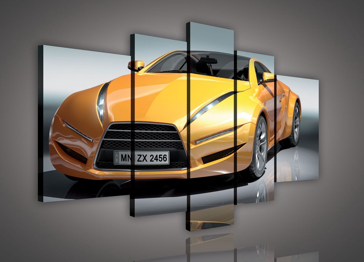 Canvas Schilderij - Auto - Sportauto - Geel - Lamborghini - Inclusief Frame - 170x100cm (lxb) - 5 Luiks