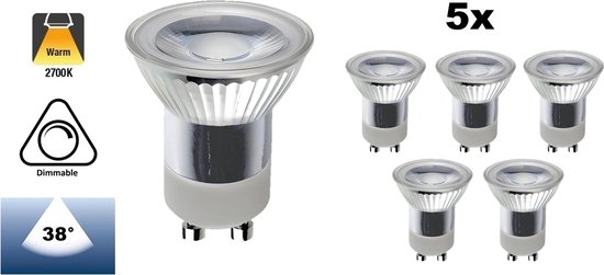 5 PACK - MR11 (35mm) GU10 LED Spot 3w, 300 Lumen, 2700K Warm Wit, Glas, Dimbaar, Lichthoek: 38°
