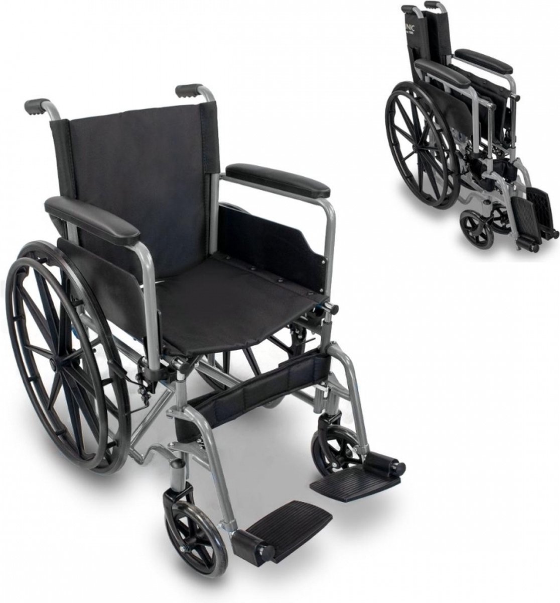Mobiclinic Marsella - Vouwrolstoel - Rolstoel - Wielen met snelsluiting en drukknop - Stevig - Zitting 46cm - Inklapbare voetsteun en armleuningen - Remhendel - Zilver
