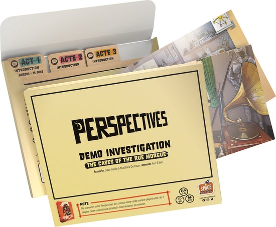 Open speldoos van 'Perspectives: Demo Investigation' met kaarten en tabbladen: 'ACTE 1 INTRODUCTION'.