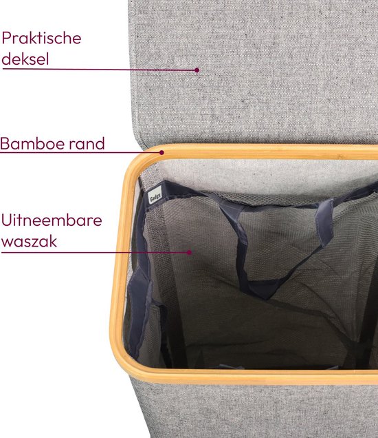 Binnenzijde van een grijze wasmand met bamboe rand en een uitneembare waszak. Tekst: 'Praktische deksel', 'Bamboe rand', 'Uitneembare waszak'.