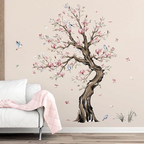 Stickers muraux muraux d'arbre à Bloem rouges, grand arbre aquarelle,  Magnolia Fleurs