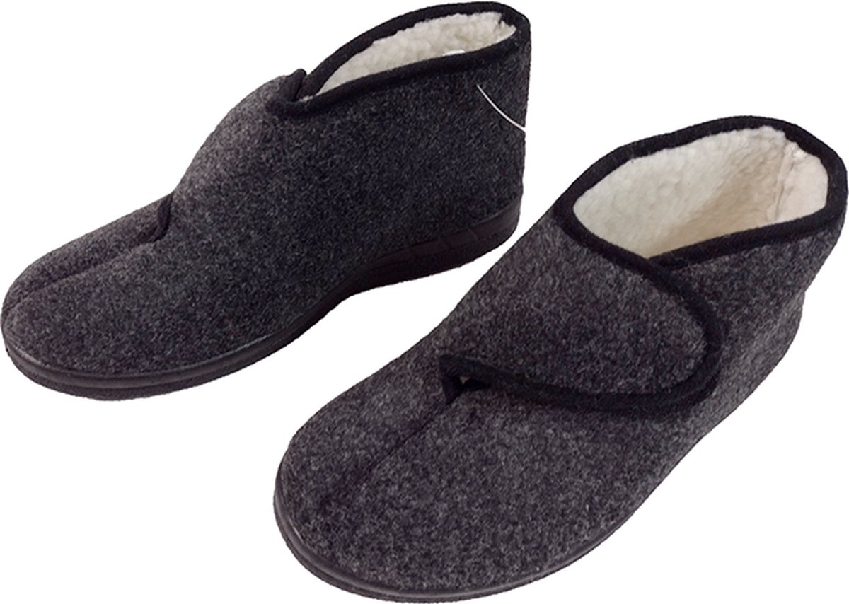 Pantoffels - hoge sloffen voor heren - huisschoenen - vilt met nepbont - klittenbandsluiting - antraciet grijs - maat 43