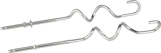 Twee zilveren deeghaken voor een handmixer.