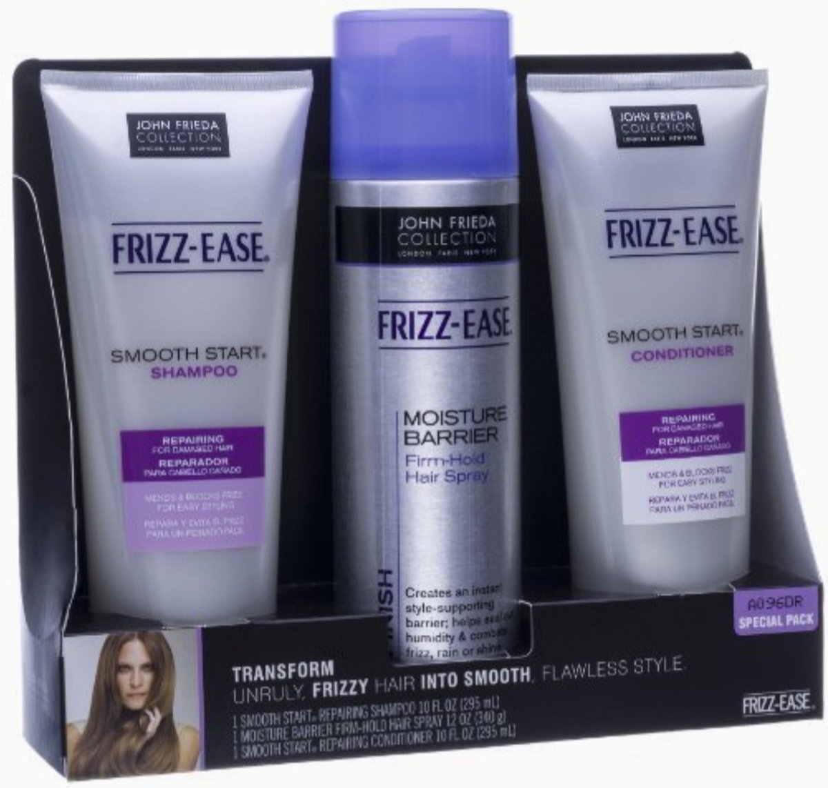 John Frieda Frizz Ease Set - Shampoo 295ml Conditioner 295ml Hairspray 340gr