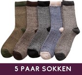 Warme Winter Sokken set van 5 paar - maat 37-42 - Visgraat patroon bruin/blauw/groen - Katoen & Wol - Dames/Heren