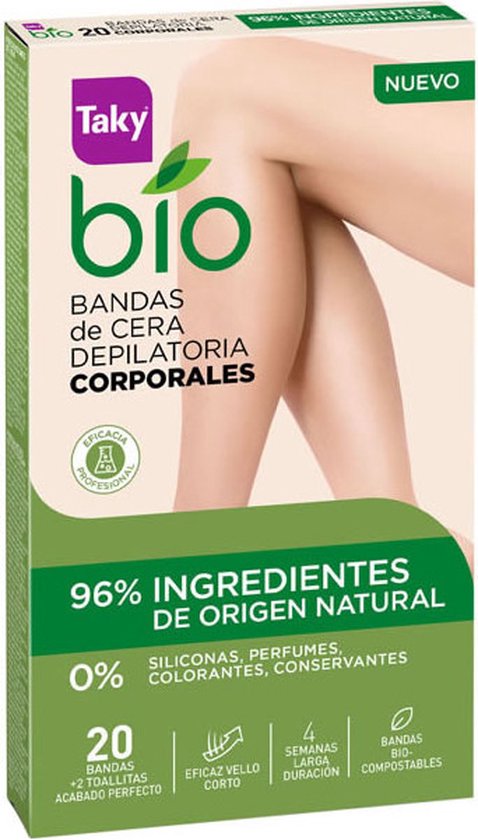 Taky Bio ontharingsstrips met 96% natuurlijke ingrediënten. Verpakking toont gladde benen.