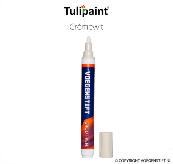 Crème witte voegstift van Tulipaint. De dop is verwijderd en ligt naast de pen.