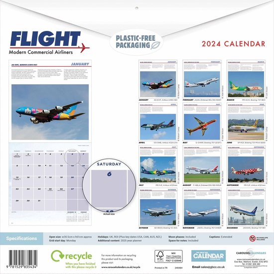 2024 Flight, Modern Commercial Airliners Wall Calendar, CAROUSEL