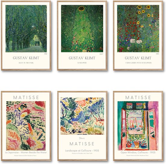 Foto: 3 dubbelzijdige kunstdruk posterset zonder fotolijst din a3 30cm x 42cm stijlvolle wandposter 6 wandschilderijen dubbelzijdige afbeeldingen matisse klimt 