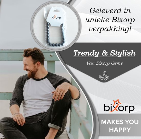 Man met een grijze Bixorp armband, geleverd in unieke Bixorp verpakking.