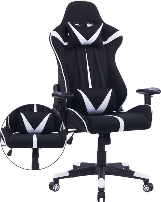 Chaise Happyment Gaming Sheffield - Tissu - Avec dossier et accoudoir - Réglable en hauteur - Ergonomique - Wit/ Zwart