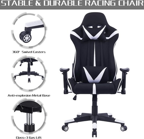 Chaise Happyment Gaming Sheffield - Tissu - Avec dossier et accoudoir - Réglable en hauteur - Ergonomique - Wit/ Zwart