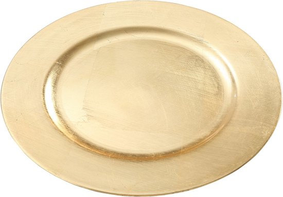 Gouden bord met een diameter van 33 cm, met een verhoogde rand.