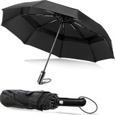 Paraplu, stormbestendig, zakparaplu, weerbestendig, automatisch openend, inklapbaar, golfmaat 140 cm, groot, geventileerd, winddicht, versterkt, dubbellaagse paraplu voor dames en heren, zwart, zwart