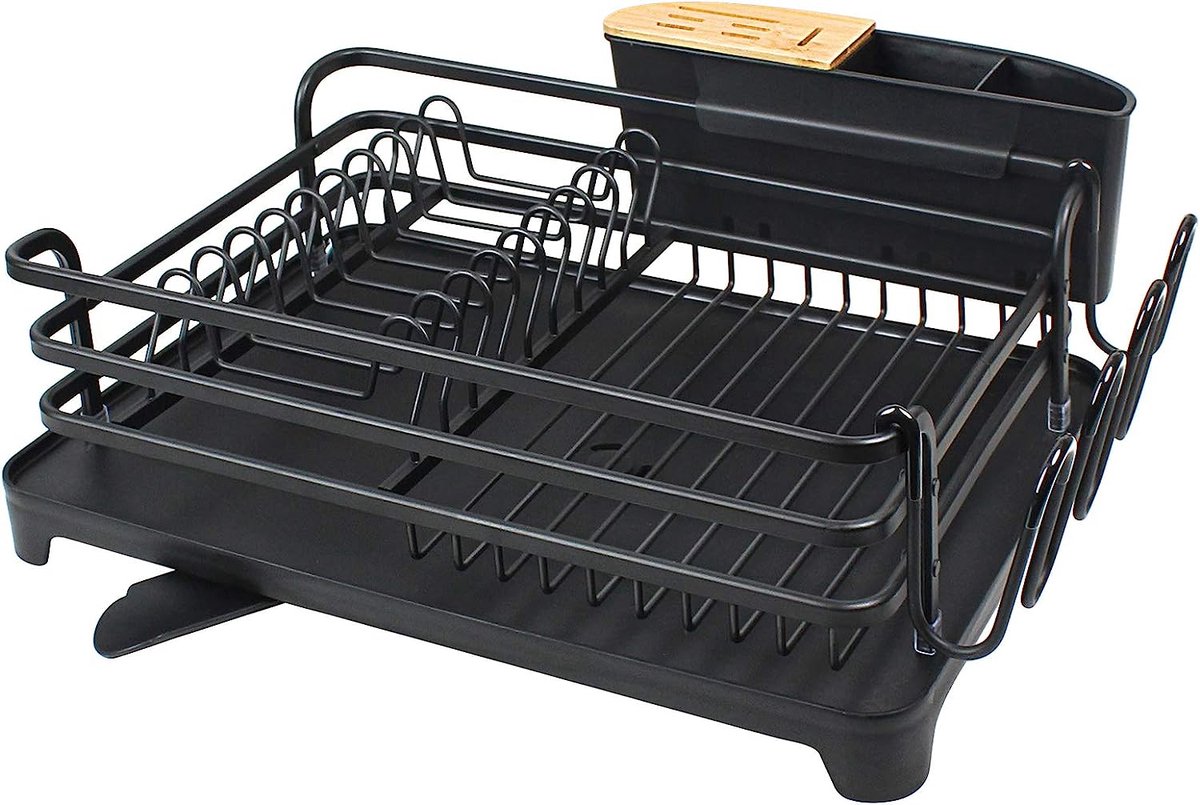 Goedkoopste Afdruiprek, afdruiprek, aluminium met bekerhouder en bestekmand, afdruiprek met draaibare schenktuit, zwart