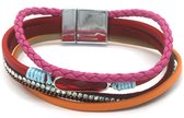 Armband Dames - 4 Stroken Leer - Kralen - 19 cm - Meerkleurig