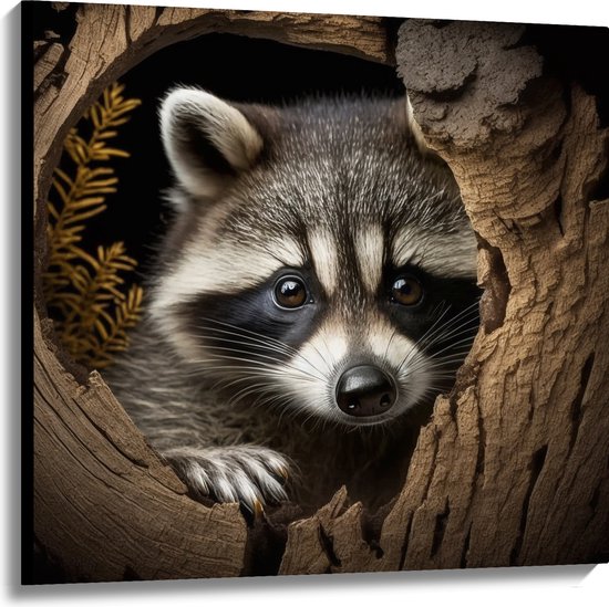 Canvas - Wasbeer kijkt door gat in boom - 100x100 cm Foto op Canvas Schilderij (Wanddecoratie op Canvas)