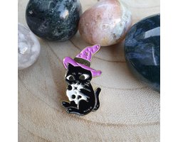 foto van Enamel pin, broche, speldje, verzamelen, kleding versieren, zwarte kat met hoed