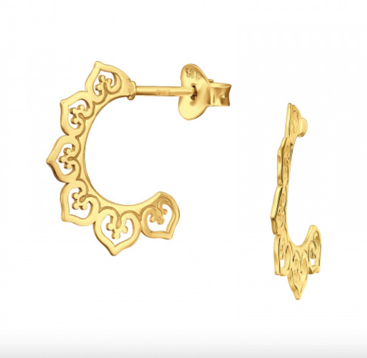 Oorbellen zilver | Oorstekers | Gold plated oorstekers, opengewerkte halve cirkel met sierlijke harten