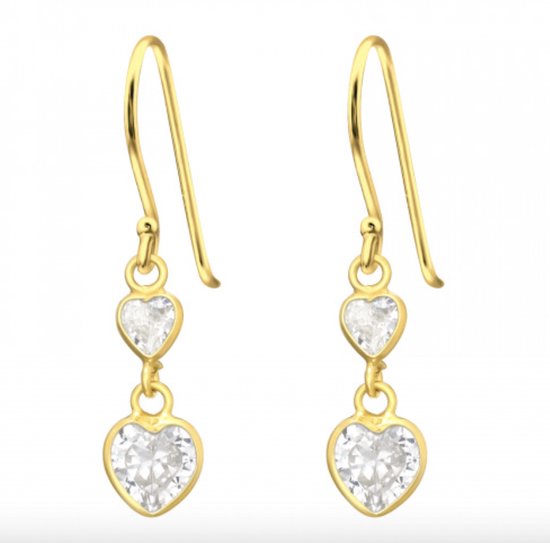 Boucles d'oreilles en argent | Pendentifs | Boucles Gold plaqué or, deux coeurs en cristal