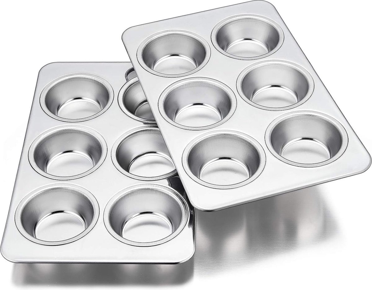 Muffinvorm, roestvrij staal, set van 6 muffins, bakplaten, bakvormen voor 6 muffins, cupcakes, pudding brownies, 29 × 18 cm, niet giftig en gezond, vaatwasmachinebestendig