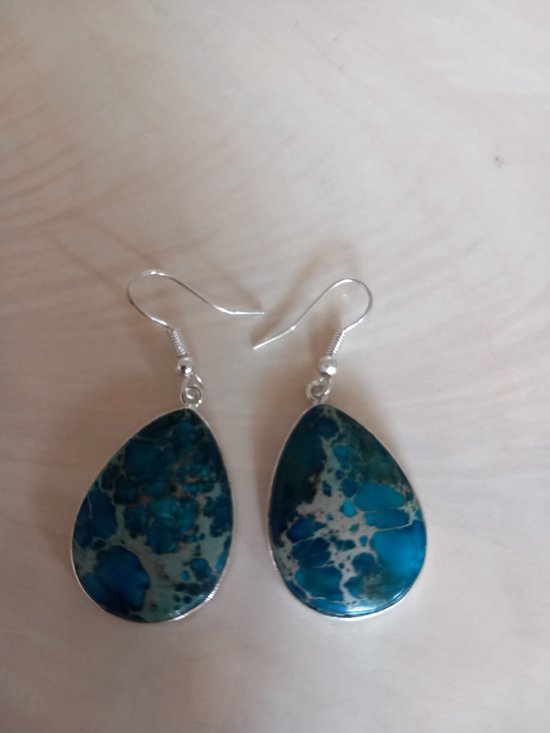 Gemstones-silver oorhangers jaspis oceaanblauw oorbellen druppel steen 2,5 cm lang 925-zilver 8 g per stel
