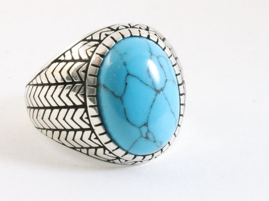 Zware bewerkte zilveren ring met blauwe turkoois - maat 21.5