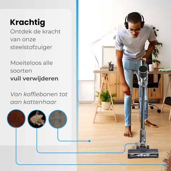 Man met koptelefoon gebruikt de Luxari steelstofzuiger in een kantoor. Zuigt koffiebonen, stof en kattenhaar op.