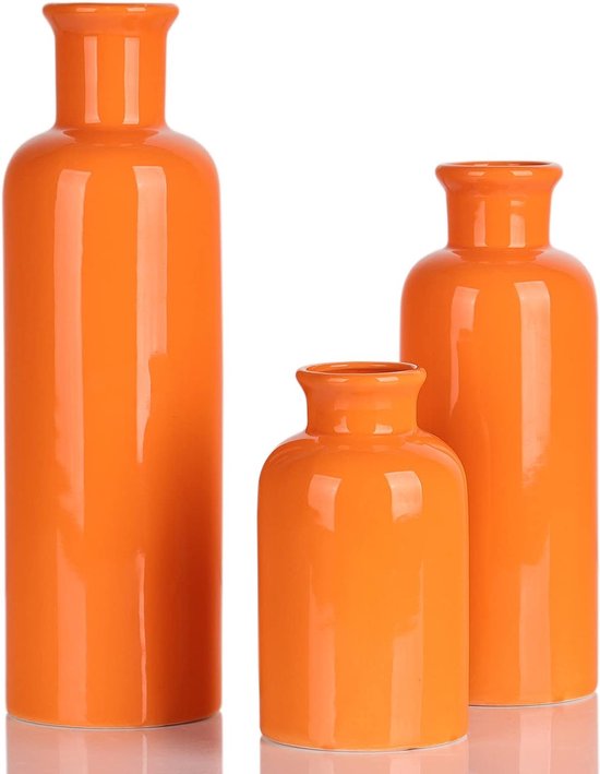 thumbnail: Keramische Vazen Set Van 3 - Kleine Bloemenvazen 25 Cm In Oranje, Geel En Wit Voor Decoratie