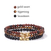 Marama - ensemble de bracelets Tibet rouge - élastique - pierres précieuses - cygne doré - pierre de lave - oeil de tigre - ensemble de 3 - bracelet femme