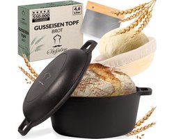 foto van Chefarone Gietijzeren Pan 4,6 L - Braadpan voor alle Warmtebronnen - Broodbakbol voor Brood Bakken - Inductie Sudderpan - Broodpan Ø24CM - Kookpan Inclusief Deksel, Spatel en Rijsmand - BBQ Cast Iron Zwart - Tot 300°C - Cadeau voor Vrouwen
