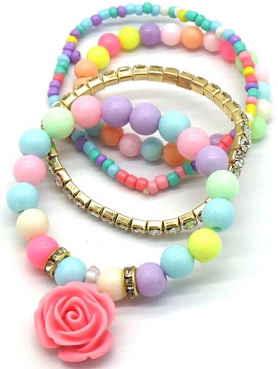 Armbanden set - Multicolor - Bloemen, pastelkleuren, Strass steentjes - 4 Stuks - Damesdingetjes