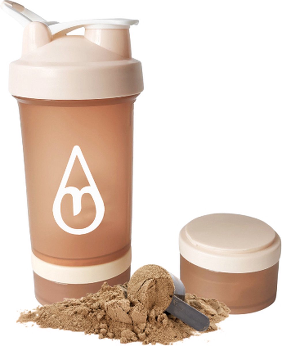 Goedkoopste Shakebeker met poedercompartiment - Motivai® - Zalm Roze - Shaker - 3 delige shaker - 600ml - Motivatie Waterfles - Voor het maken van Shake's - Ook voor supplementen - extra compartimenten voor eiwit en preworkout en/of pillen - met shakebal