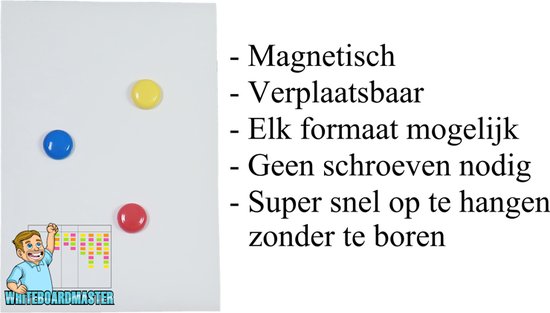 Klein A3 wit magnetisch bord met 3 gekleurde magneten (geel, blauw, rood) en logo 'Whiteboardmaster'.