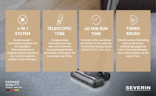 Severin HV 7155 - Aspirateur à main et balai sans fil 2 en 1 avec position de stationnement - 21,6 V