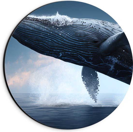 Dibond Muurcirkel - Bultrug walvis komt boven het zeewater uit met veel spetters om hem heen - 20x20 cm Foto op Aluminium Muurcirkel (met ophangsysteem)