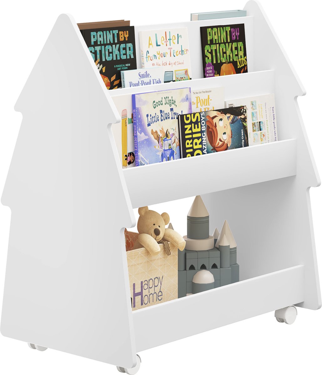 Happyment Opbergkast Lervio voor speelkamer - Voor kinderen - Wit - Opbergkast - Boekenkast - Speelgoedkast kind - Kinderkamer - Boekenrek - Hout