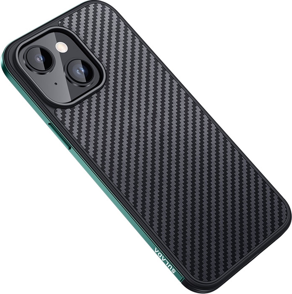 Sulada Carbonshield backcover shockproof met metale rand om case voor iPhone 14 donker groen