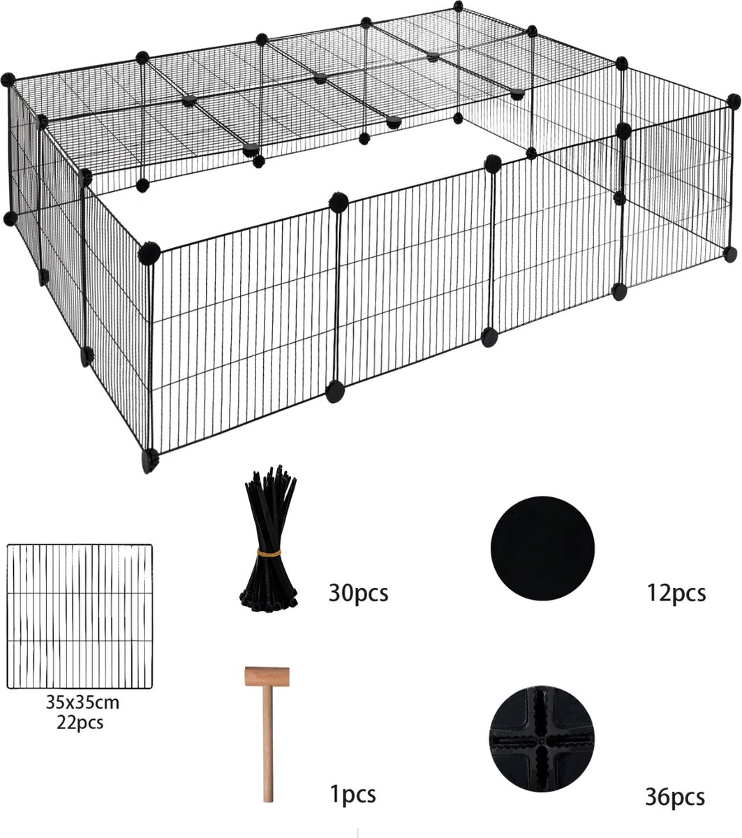 Happyment Dierenren Vida - Extra hoog - Knaagdierenren Ren - Verstelbaar - Konijnenren - Kippenren - Puppyren - Kattenren - Zwart - 70 x 70 x 105 cm thumbnail 3
