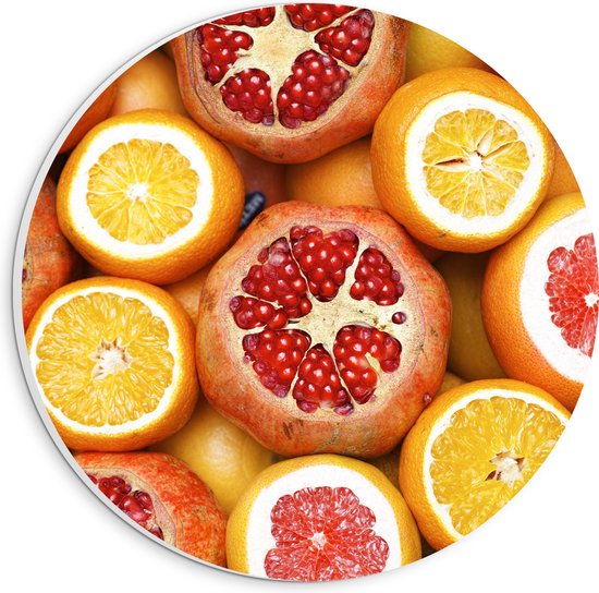 PVC Schuimplaat Muurcirkel - Fruit - Gesneden - Sinaasappel - Granaatappel - Grapefruit - 20x20 cm Foto op Muurcirkel (met ophangsysteem)